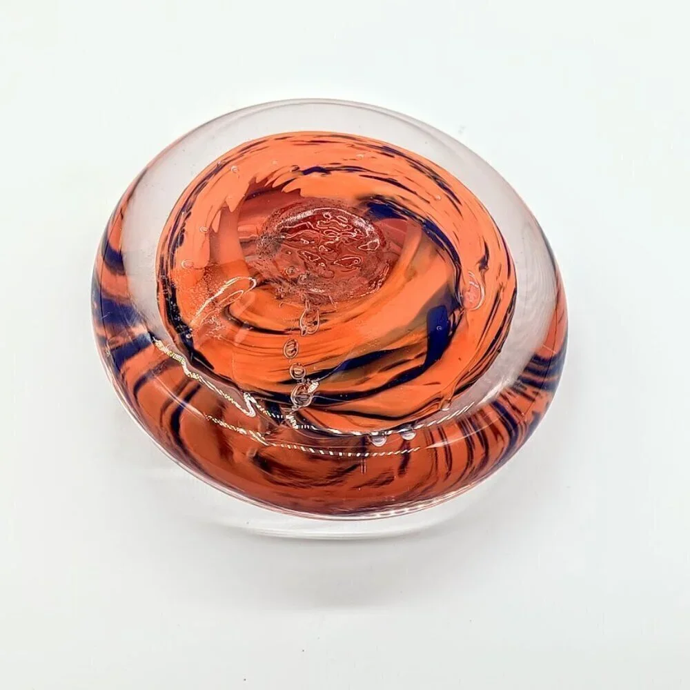 Handblown Orange Purple Swirl Art Glass Round Paperweight